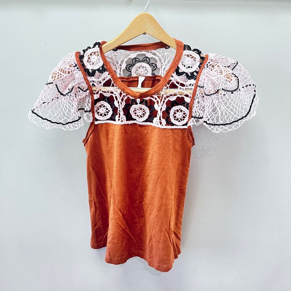 Anthropologie Lace-Trimmed Rust Orange Top XS